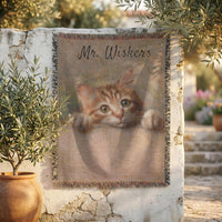 Load image into Gallery viewer, Heirloom Quality Pet Blanket Custom Portrait Throw Personalized Name Woven Cotton Keepsake Handcrafted Memorial Tribute Fringed Edge Design Cozy Pet Lover Gift Nostalgic Bedding Cherished Animal Memory Sentimental Home Textile Living Room
