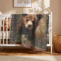 Load image into Gallery viewer, Rustic Cabin Throw Bear Wildlife Blanket Woven Cotton Tapestry Handcrafted Animal Portrait Lodge Style Textile Fringed Edge Design Cozy Nature Throw Wall Hanging Art Nursery Woodland Gift Forest Home Accent Bear Cub Collection Earthy Tone