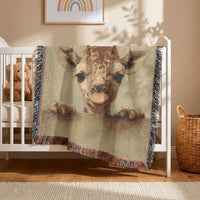 Load image into Gallery viewer, Boho Safari Throw Blanket Woven Cotton Giraffe Design Living Room Accent Fringe Edges Handcrafted Textile Animal Portrait Sage Green Home Styling Cozy Sofa Throw Wildlife Theme Cotton Construction Natural Fiber Blanket Earth Tone Colors