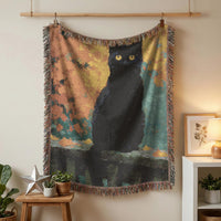 Load image into Gallery viewer, Handwoven Cotton Throw Black Cat Design Boho Blanket Mosaic Nightscape Pattern Retro Artistic Textile Feline Lover Gift Soft Woven Coverlet Colorful Fringe Details Premium Cotton Material Cat Enthusiast Home Accent Cozy Throw Blanket Gothic