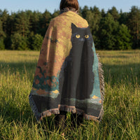 Load image into Gallery viewer, Feline Lover Blanket Black Cat Silhouette Design Handwoven Cotton Throw Boho Mosaic Nightscape Pattern Artisan Crafted Coverlet Soft Woven Textile Cat Enthusiast Gift Retro Color Palette Fringe Edge Details Cozy Throw Blanket Gothic Home