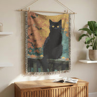 Load image into Gallery viewer, Black Cat Blanket – Handwoven Cotton Throw with Boho Mosaic Design