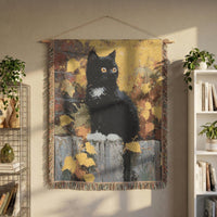 Load image into Gallery viewer, Autumn Leaves Throw Blanket Black Cat Design Woven Cotton Tapestry Construction Fall Season Pattern Fringed Edges Detail Cozy Halloween Home Accent Perfect Gift Cat Enthusiasts Seasonal Comfort Essential Rustic Farmhouse Style Soft Quality