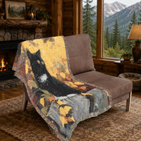 Load image into Gallery viewer, Tapestry Style Throw Blanket Black Cat Autumn Leaves Design Woven Cotton Construction Fall Season Pattern Fringed Edges Detail Cozy Halloween Home Accent Perfect Gift Cat Lovers Seasonal Comfort Essential Rustic Farmhouse Aesthetic Soft