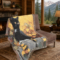 Load image into Gallery viewer, Black Cat Throw Blanket – Woven Cotton with Autumn Leaves Design