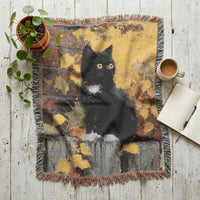 Load image into Gallery viewer, Black Cat Throw Blanket – Woven Cotton with Autumn Leaves Design