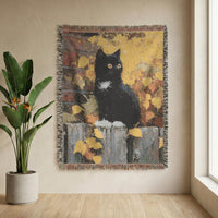 Load image into Gallery viewer, Black Cat Throw Blanket – Woven Cotton with Autumn Leaves Design
