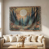 Load image into Gallery viewer, Woven Tapestry Blanket Forest Landscape Wall Hanging Moon Night Sky Scene Evergreen Pine Trees Silhouette Earth Tone Rustic Throw Fringe Edge Bohemian Style Living Room Cozy Textile Cabin Lodge Mountain Home Nature Lover Gift Textured