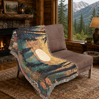 Load image into Gallery viewer, Forest Landscape Tapestry Moon Scene Woven Blanket Nature Wall Hanging Pine Tree Silhouette Rustic Home Textile Fringe Edge Throw Cozy Living Room Mountain Lodge Cabin Style Bohemian Artwork Earth Tone Colors Evergreen Design Woodland Night