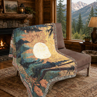 Load image into Gallery viewer, Throw Blanket Woven Tapestry Forest Moon Landscape Cozy Living Room Textile Rustic Wall Hanging Nature Scene Pine Trees Mountain Cabin Lodge Style Fringe Edge Bohemian Home Accent Evergreen Silhouette Earth Tone Design Woodland Night Sky