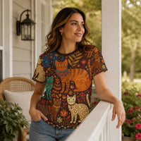 Load image into Gallery viewer, Boho Cat Tshirt Women Folk Art Design All Over Print Pattern Featuring Decorative Cats Vintage Autumn Colors Warm Orange Teal Brown Tones Lightweight Breathable Fabric Comfortable Casual Outfit Essential Whimsical Animal Print Top Statement