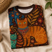 Load image into Gallery viewer, Vintage Cat Lover Tshirt Women Boho Folk Art Design All Over Print Pattern Featuring Artistic Cats Floral Botanical Motifs Warm Autumn Colors Orange Teal Brown Tones Lightweight Casual Wear Comfortable Fit Perfect Gift Idea Cat Enthusiast