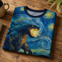 Load image into Gallery viewer, Unique Godzilla Gift Shirt Van Gogh Starry Night Style All Over Print Kaiju Art Tee Monster Silhouette Design Classic Impressionist Brushstrokes Swirling Blue Yellow Pattern Perfect For Art Lovers Monster Fans Graphic Apparel Statement