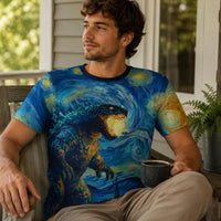 Load image into Gallery viewer, Pop Culture Godzilla Shirt Van Gogh Starry Night Mashup All Over Print Kaiju Monster Art Design Classic Impressionist Style Swirling Brushstrokes Blue Yellow Pattern Unique Graphic Tee Perfect Gift For Movie Fans Art Enthusiasts Statement