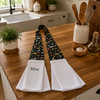 Load image into Gallery viewer, Personalized Kitchen Towel Gift Custom Embroidered Name Hanging Boa Accessory Perfect Housewarming Present Bridal Shower Hostess Gift White Waffle Weave Hand Towel Set Floral Fabric Strap Connection Handmade Quality Kitchen Essential
