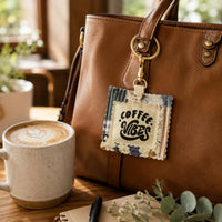 Load image into Gallery viewer, Coffee Keychain Charm Handmade Bag Accessory Tag Purse Charm Gift Coffee Lover Essential Fabric Keyring Charm Scalloped Design Edge Coffee Quote Sayings Floral Pattern Border Backpack Clip Attachment Zipper Pull Accessory Birthday Present