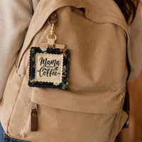 Load image into Gallery viewer, Coffee Lover Keychain Handmade Fabric Charm Bag Accessory Tag Purse Charm Gift Coffee Enthusiast Essential Scalloped Design Edge Coffee Quotes Sayings Floral Pattern Border Backpack Clip Charm Zipper Pull Attachment Metal Keyring Tag
