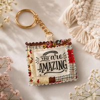 Load image into Gallery viewer, Self Care Keychain Charm Motivational Bag Accessory Handmade Inspirational Gift Positive Affirmation Reminder Mental Wellness Support Item Daily Encouragement Design Fabric Patch Charm Scalloped Decorative Border Purse Personalization Tag