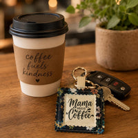 Load image into Gallery viewer, Coffee Enthusiast Gift Handmade Keychain Charm Bag Tag Accessory Coffee Lover Present Fabric Purse Charm Design Scalloped Edge Pattern Coffee Quotes Sayings Floral Border Accent Metal Keyring Attachment Backpack Clip Charm Zipper Pull Tag