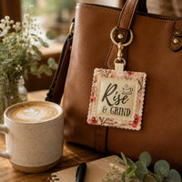 Load image into Gallery viewer, Handmade Keychain Charm Coffee Lover Accessory Fabric Bag Tag Gift Purse Charm Design Coffee Enthusiast Present Scalloped Edge Detail Coffee Quote Pattern Floral Border Accent Backpack Clip Attachment Zipper Pull Charm Metal Keyring Tag