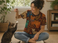 Load and play video in Gallery viewer, Boho Cat Tshirt – Folk Art Design with Vintage Autumn Florals