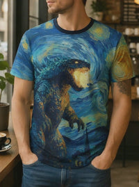 Load and play video in Gallery viewer, Mythical Beast Van Gogh Shirt – Starry Night All Over Print Kaiju Art Tee